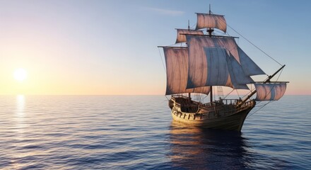 Obraz premium Tall ship sailing on calm ocean at sunset, sails full and water ripples softly