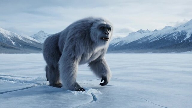 Majestic mythical white beast, a colossal yeti-like cryptid, traverses the vast, frozen wilderness amidst towering snow-capped mountains