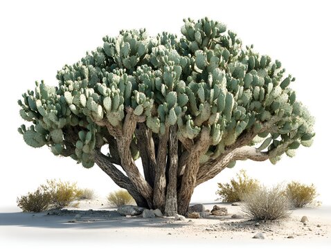 A lush beavertail cactus plant stands proudly on the sandy desert ground with its distinctive flat pad like segments and woody trunk base.