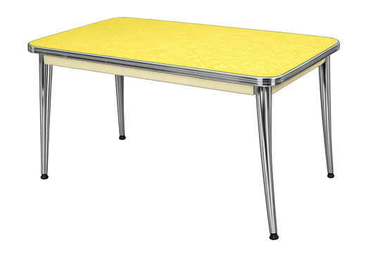Yellow retro dining table with shiny chrome legs, featuring a textured formica top, reflecting a 1950s vintage style