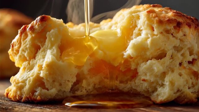 Golden honey pouring over a hot, freshly baked split biscuit with rising steam on a rustic wooden board