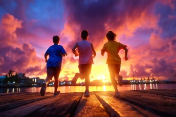 Fototapeta premium Children Running Along Pier at Twilight with Evacuation Sirens Sounding Over the Harbor