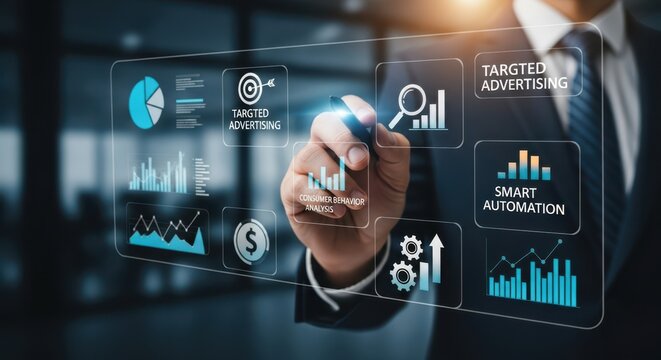 AI driven marketing strategy, Closeup Businessman Hand using digital dashboard with analytics icons, representing targeted advertising, consumer behavior analysis, and smart automation.