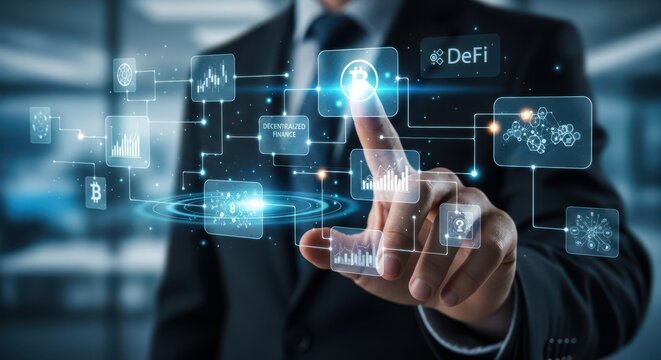Blockchain technology concept, Closeup Businessman Hand interacting with linked digital blocks, representing cryptocurrency, decentralized finance, and secure ledger systems.