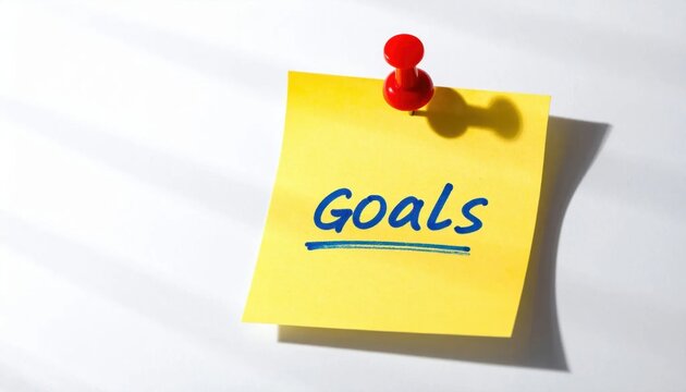 Sticky Note with Goals Written in Blue Ink Highlighted by a Red Pushpin on a Table Surface