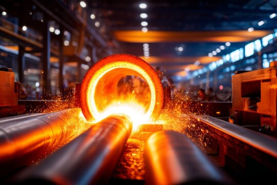 Colossal Steel Factory Furnace Chamber with Peak Heat and Sparks in Industrial Setting