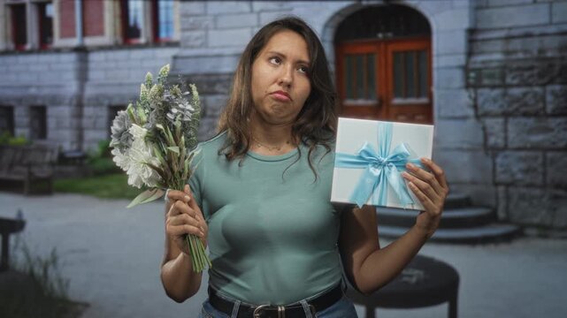 Woman holding bouquet and gift box at building entrance, holds flowers in left hand and gift in right, rolls eyes and shrugs; annoyance.