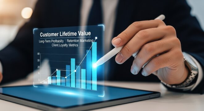 Closeup Businessman Hand analyzing Customer Lifetime Value graph, representing long term profitability, retention marketing, and client loyalty metrics.