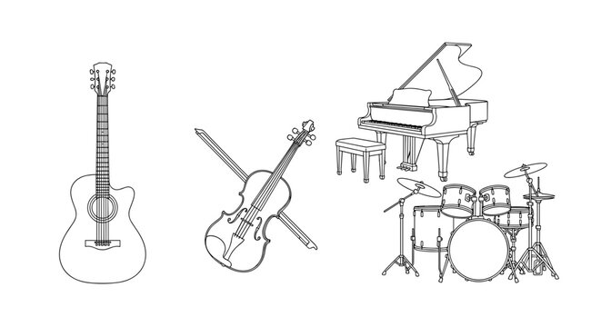 A minimalist vector illustration of musical instruments including a guitar, violin, and drum set