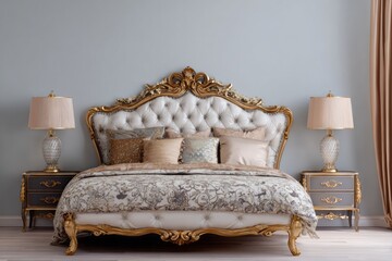 Fototapeta premium Ornate, baroque style bed centered between two luxurious nightstands in a sophisticated bedroom setting