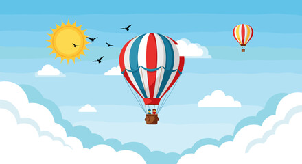 Fototapeta premium A colorful hot air balloon soaring through a bright blue sky with fluffy white clouds and birds flying nearby