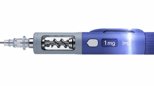 Blue and gray medical auto-injector pen on white background