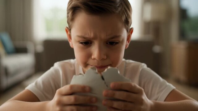 Frustrated young boy holding a broken ceramic egg, looking dismayed