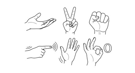 Fototapeta premium A set of seven hand gestures illustrated in a minimalist line art style