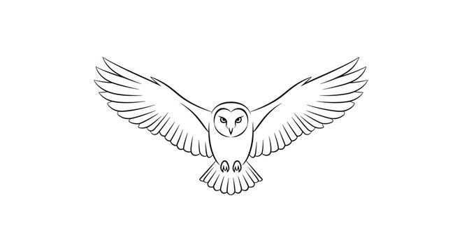 A minimalist vector illustration of an owl in flight with outstretched wings on a transparent background