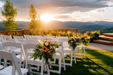 Obraz premium Intimate Mountain Lodge Ceremony with Minimal Decor and Scenic Sunset View