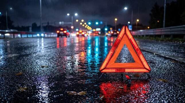 Red warning triangle on wet asphalt road at night during rain with car headlights. Road accident safety and vehicle breakdown concept.