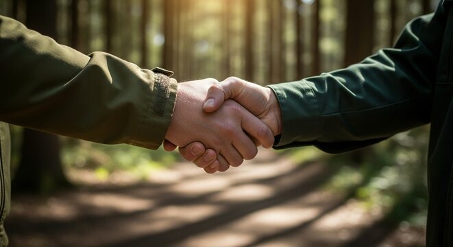 Two people shaking hands in a forest with a dirt path and sunlight filtering through trees