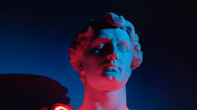 Ancient Greek statue illuminated with red and blue light against a dark background.