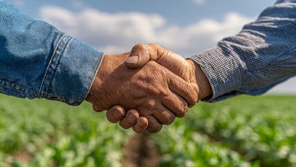 Two people shaking hands in a field of crops on a sunny day outdoors