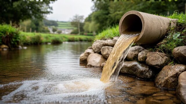Wastewater flows from a pipe into a river, causing pollution and foam in a rural landscape.