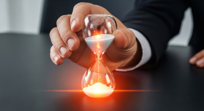 Closeup Businessman Hand holding virtual hourglass running out, representing urgency, deadline approaching, time scarcity, and immediate action needed.