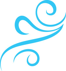 Abstract blue wind swirl icon, flowing air wave symbol representing breeze motion energy weather and clean air concept