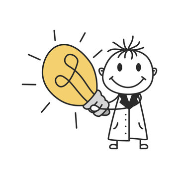 Stick Figure Scientist Holding Glowing Light Bulb Idea Doodle Vector