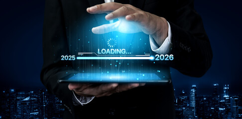 Fototapeta premium Visualizing the shift from 2025 to 2026. Progress bar symbolizing advancement, strategic foresight, yearly goal-setting, and business transformation for the upcoming year. Spline