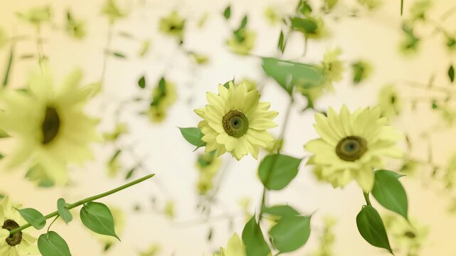 3D animation of bright yellow sunflowers with green leaves falling and floating in the air, realistic floral motion graphics for summer, happiness, and nature concepts.