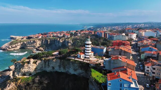 Sile drone video with its marina, lighthouse and charming beach in Istanbul, Turkiye.