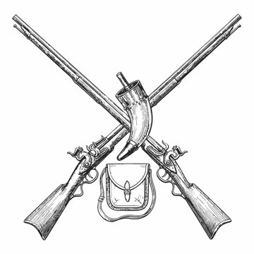 Crossed antique pistols with holster and pouch.