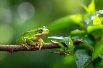 Fototapeta premium Illuminated Papuan Tree Frog Sitting on Branch in Sunlight with Green Foliage Background