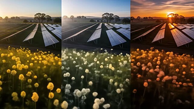 Triptych showing solar panels over flower fields at three different times of day