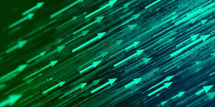 Abstract background displays numerous bright green arrows moving diagonally upward across a dark gradient