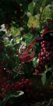 Wine splashes into a glass among ripe grapes