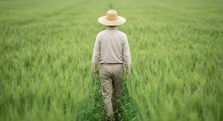 a farmer walking through a vibrant green crop field symbolizing sustainable agriculture and the future of farming