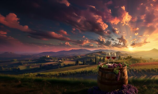 Wine glasses rest on a barrel in a sunlit vineyard