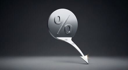 a gleaming metallic percentage sign forming a downward arrow symbolizing a financial decrease or market downturn against a dark minimalist backdrop ideal for economic illustrations.