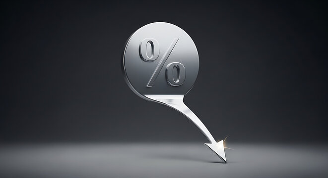 a gleaming metallic percentage sign forming a downward arrow symbolizing a financial decrease or market downturn against a dark minimalist backdrop ideal for economic illustrations.