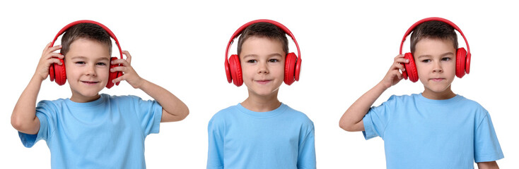 Cute boy with headphones showing different emotions on white background. Collage of portraits