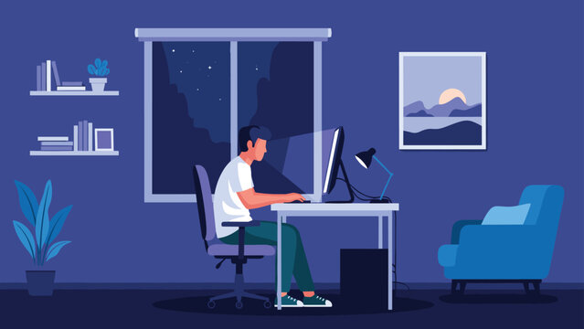 Freelance professional working on a desktop computer at night in a cozy home office with a starry night view through a large window.