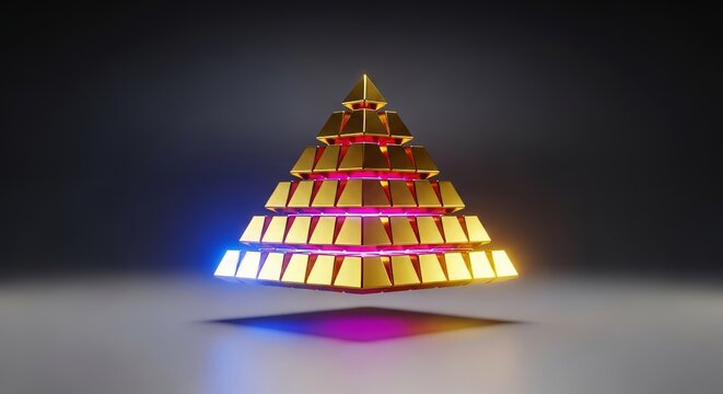 A vibrant aura of luminous energy envelops a gleaming stack of gold blocks, forming a powerful symbolic financial pyramid, vibrant, futuristic, blocks
