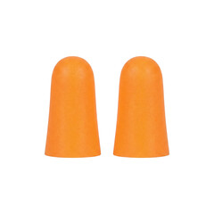 Industrial orange foam earplug pair placed transparency background showing safety components for hearing protection with simple studio lighting