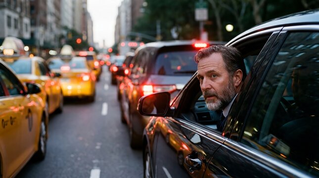 Businessman looking out of car window in heavy city traffic. Stressed commuter waiting in massive traffic jam during busy rush hour. Urban lifestyle and transportation concept.