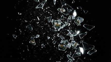 Sharp shards of broken glass exploding and flying through the air, isolated on a black background. © Omishu Makes