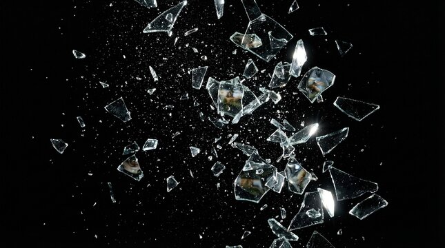 Sharp shards of broken glass exploding and flying through the air, isolated on a black background.