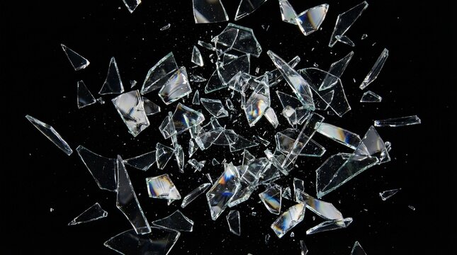 Sharp shards of broken glass exploding and flying through the air, isolated on a black background.