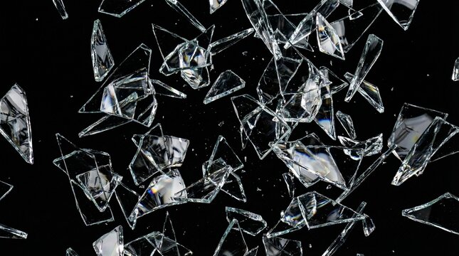 Sharp shards of broken glass exploding and flying through the air, isolated on a black background.