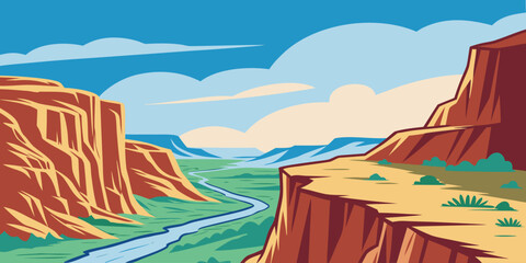 Scenic canyon river landscape with cliffs, flowing water, and blue sky in modern flat vector style. Perfect for travel design, adventure themes, nature posters, tourism marketing, and outdoor graphics © yossi